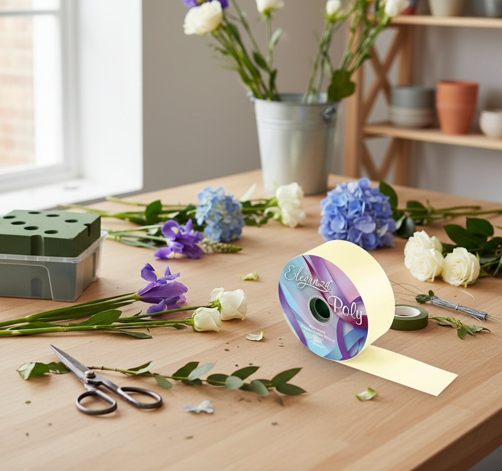 Close-up of a spool of Eleganza Poly ribbon with colorful label.
