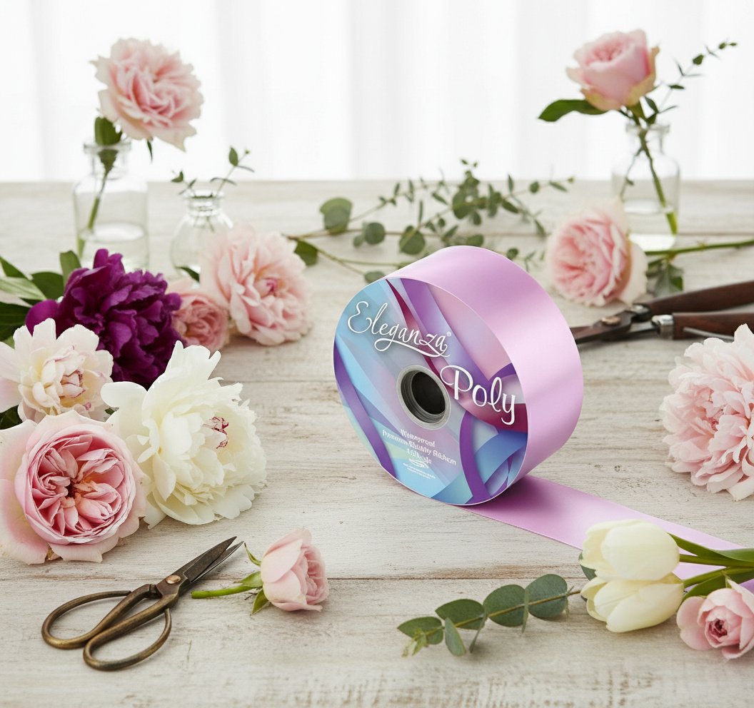 Spool of Eleganza Poly ribbon with a close-up label on a white background