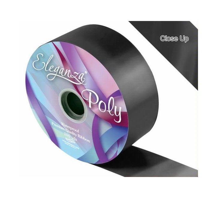 Spool of Eleganza Black Poly ribbon with colorful label on a white background
