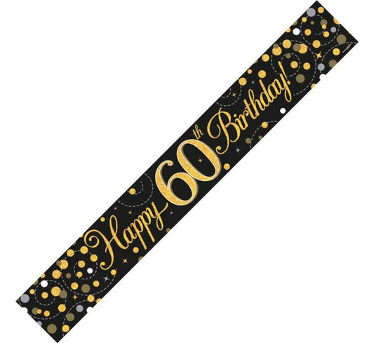 Black & Gold 60th Birthday Banner Holographic Sparkling Fizz 9ft
