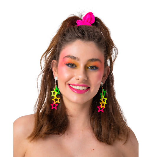 Womens 1980's Neon Star Clip-On Earrings Multi-Coloured