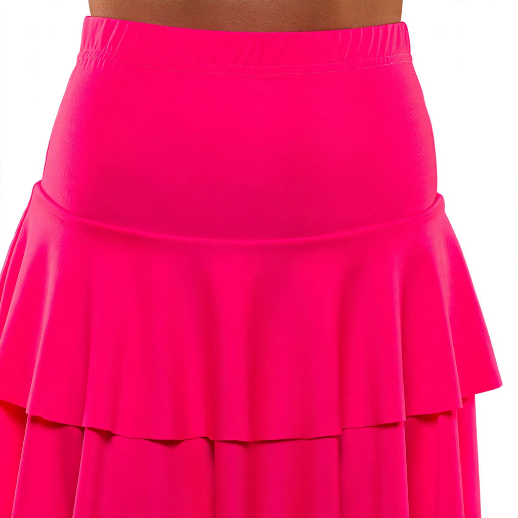 Close-up view of neon pink tiered layers and elastic waistband on 1980s ra ra skirt