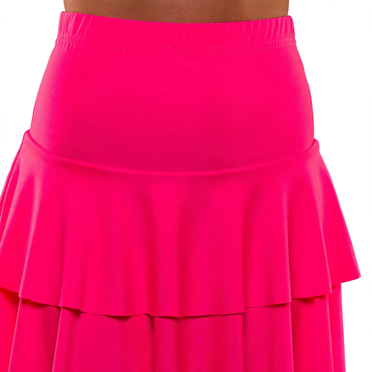 Close-up view of neon pink tiered layers and elastic waistband on 1980s ra ra skirt
