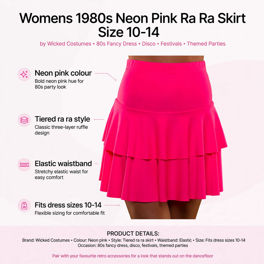 Infographic showing neon pink colour, tiered ra ra style, elastic waistband, and size fit 10-14