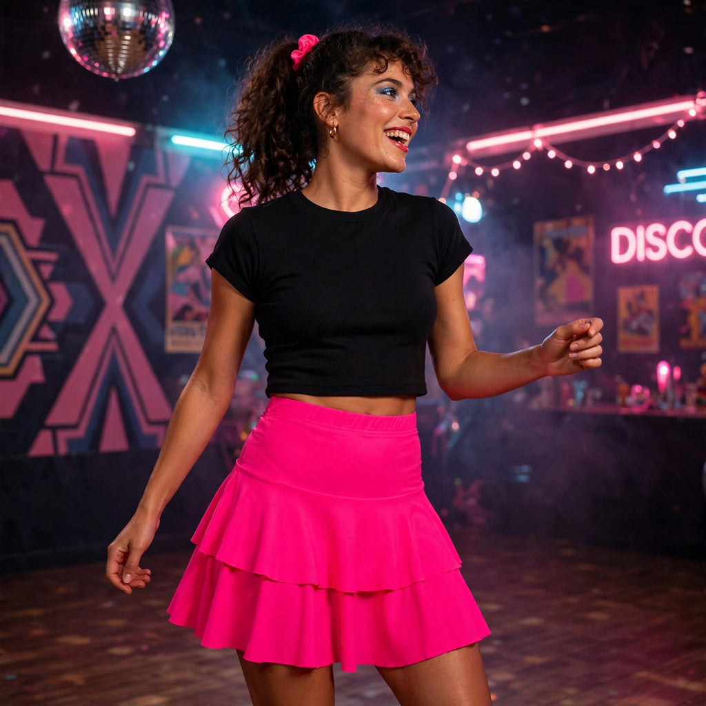 Womens 1980s neon pink ra ra skirt worn for 80s fancy dress and disco parties
