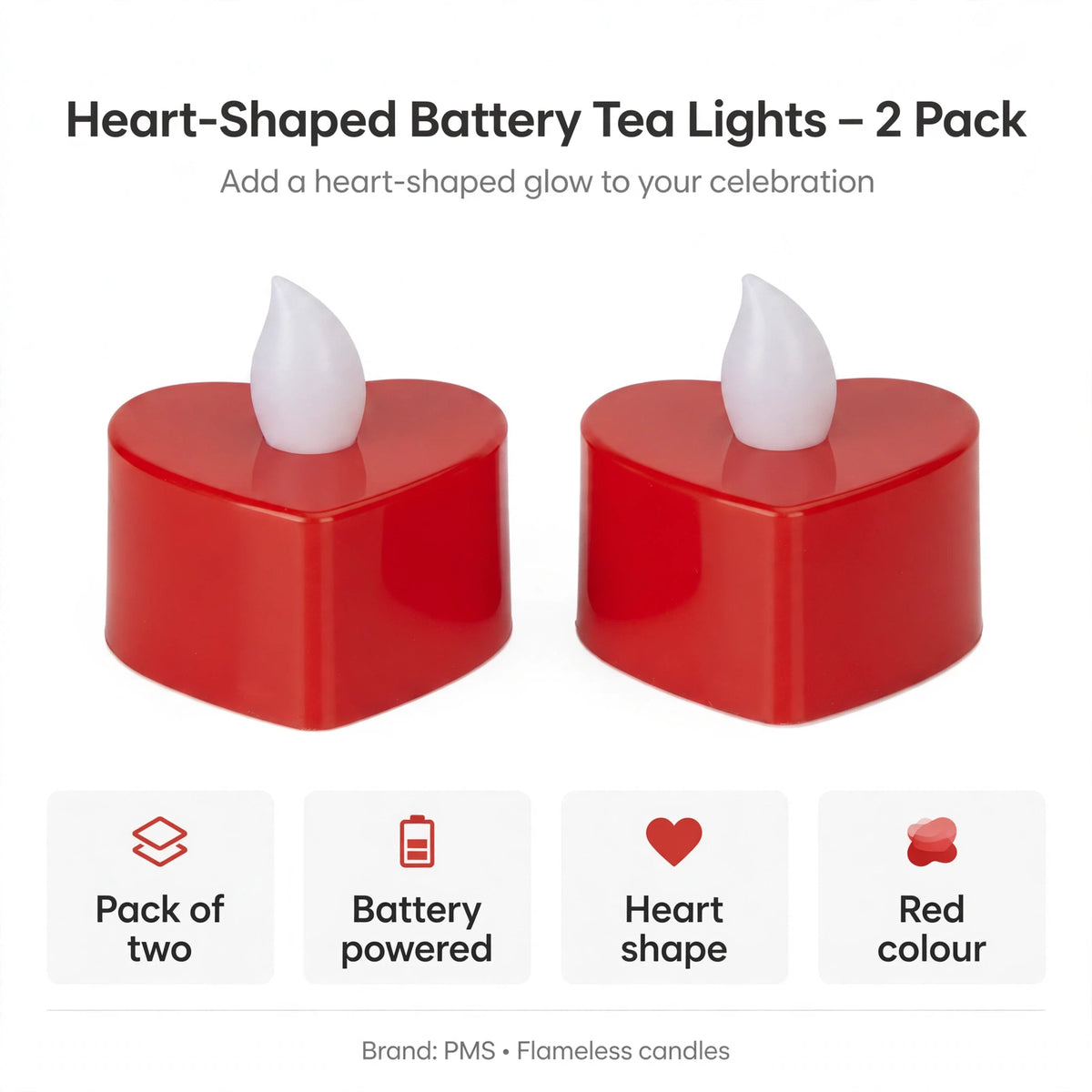 Features pack of two, battery powered, heart shape, red colour flameless tea lights