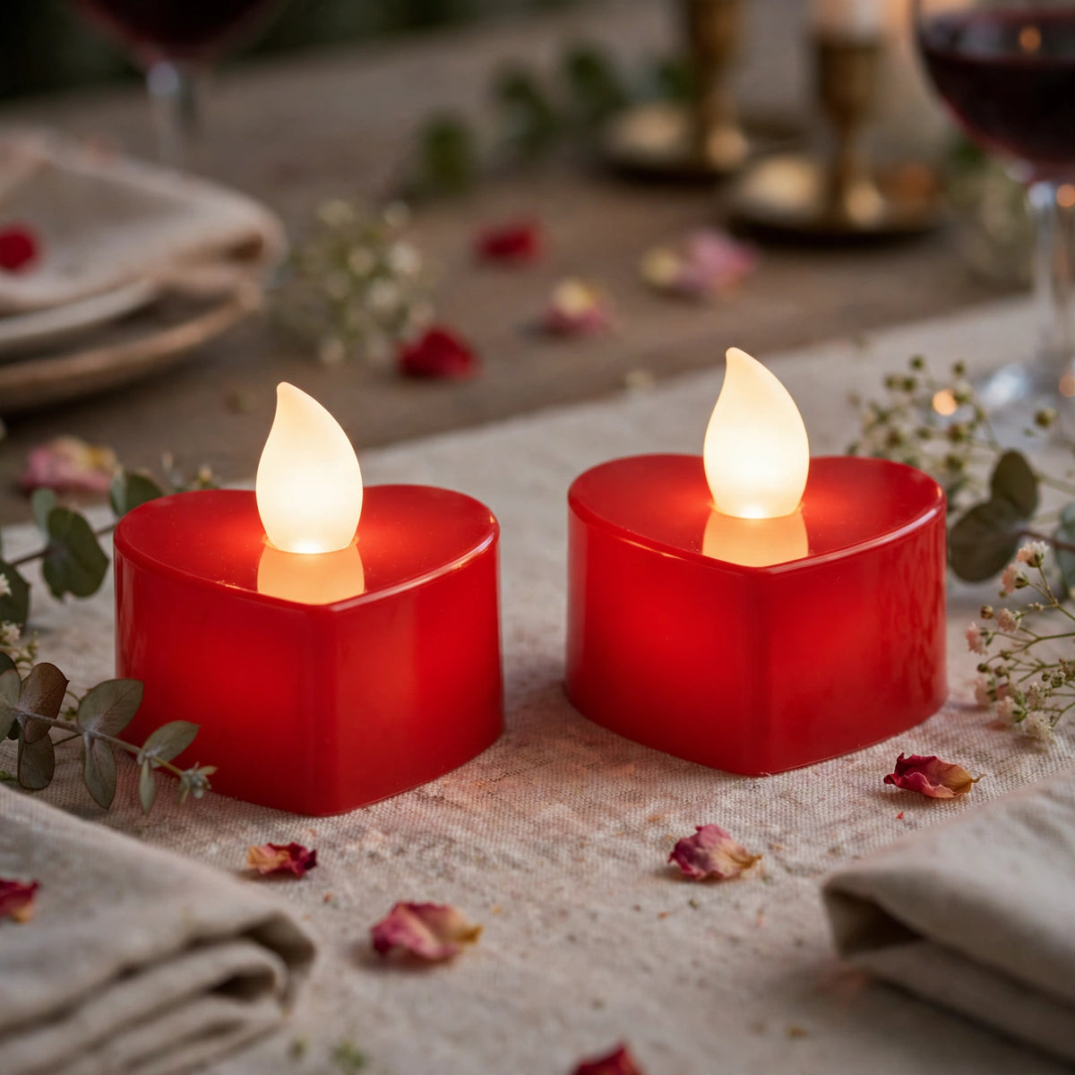 Heart-shaped battery tea lights displayed on a table for romantic occasion