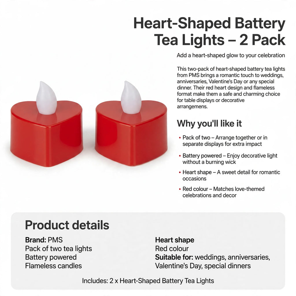 Two-pack of flameless battery tea lights with red heart design