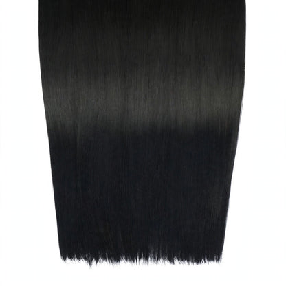Close-up view of the Stranded Hair Group 20-Inch Straight Clip-In Extension in shade #1 Black Magic