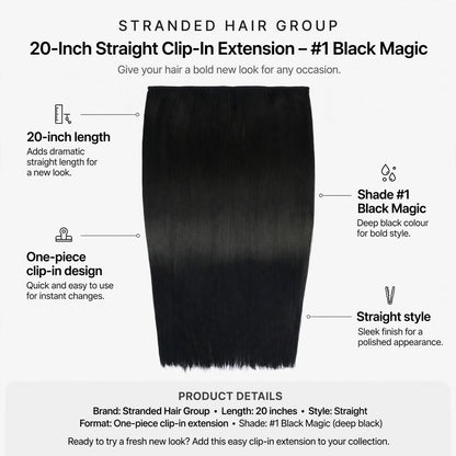 Infographic showing 20-inch length, one-piece clip-in design, shade #1 Black Magic, and straight style features