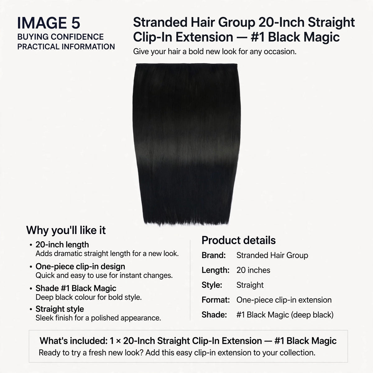 Information about the 20-inch length and one-piece clip-in design of the extension