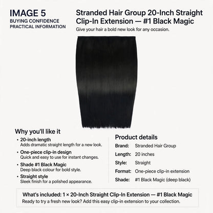 Information about the 20-inch length and one-piece clip-in design of the extension