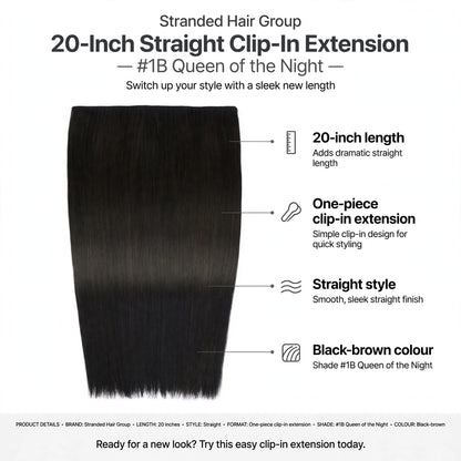 Infographic showing 20-inch length, one-piece clip-in format, straight style, and black-brown colour shade #1B Queen of the Night