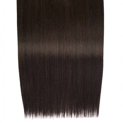 Close-up of Stranded Hair Group clip-in extension in dark brown shade #2 Nigella