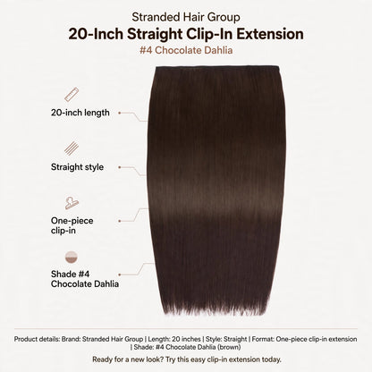 Infographic showing 20-inch length, straight style, one-piece clip-in format, and shade #4 Chocolate Dahlia