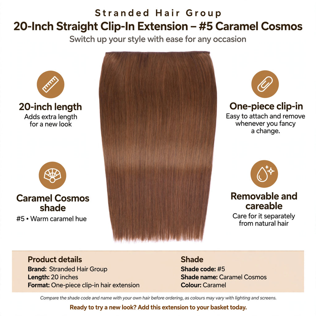 Infographic showing 20-inch length, one-piece clip-in format, and Caramel Cosmos shade