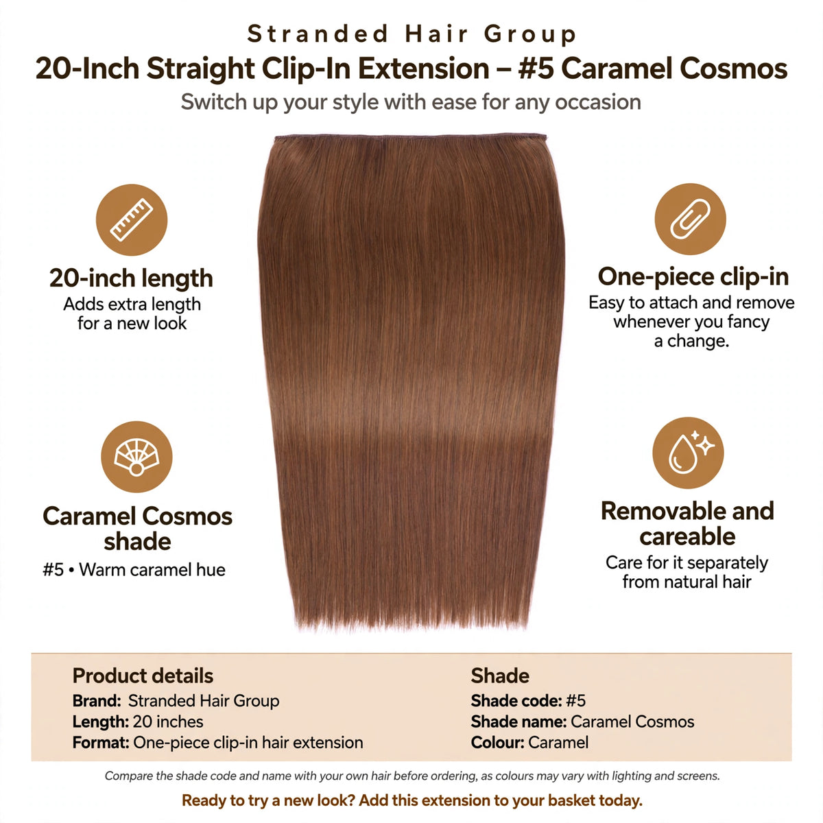 Infographic showing 20-inch length, one-piece clip-in format, and Caramel Cosmos shade