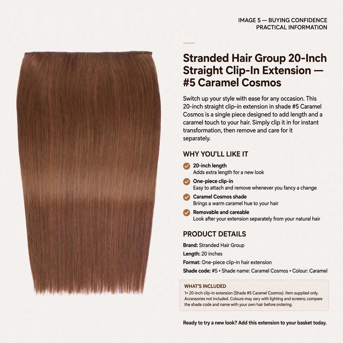 Information on clip-in attachment, removal, and separate care for the hair extension