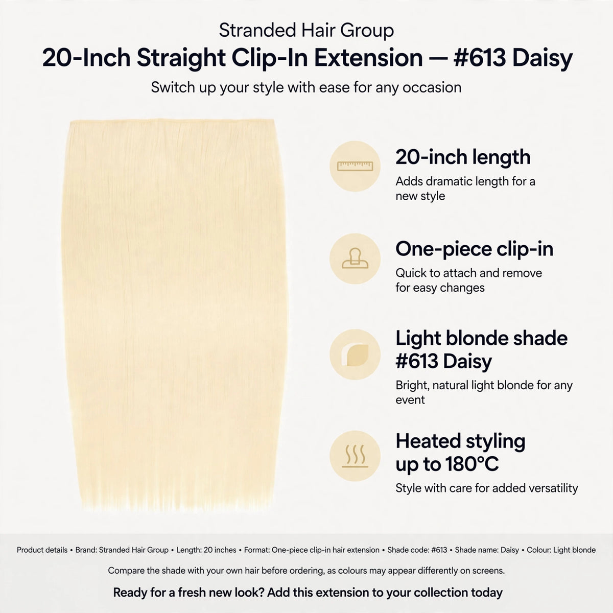 Infographic showing 20-inch length, one-piece clip-in format, light blonde shade #613 Daisy, and heated styling up to 180 degrees Celsius
