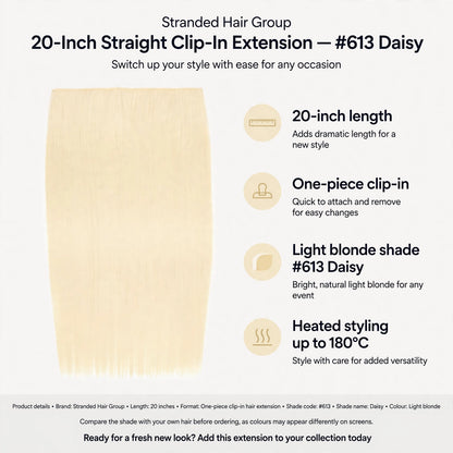 Infographic showing 20-inch length, one-piece clip-in format, light blonde shade #613 Daisy, and heated styling up to 180 degrees Celsius