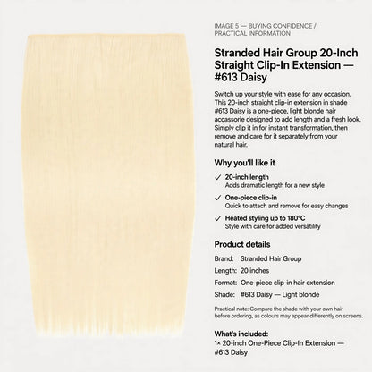 Information on clip-in attachment, 20-inch length, light blonde shade #613 Daisy, and heated styling instructions