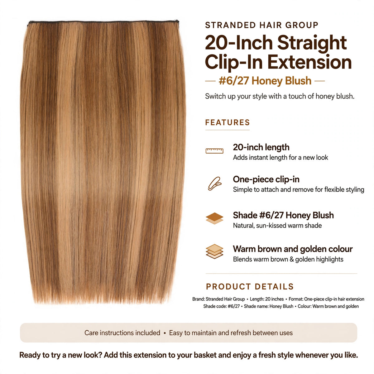 Infographic showing 20-inch length, one-piece clip-in format, and shade #6/27 Honey Blush