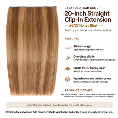 Infographic showing 20-inch length, one-piece clip-in format, and shade #6/27 Honey Blush
