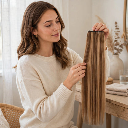 Stranded Hair Group clip-in hair extension displayed to show warm brown and golden Honey Blush shade