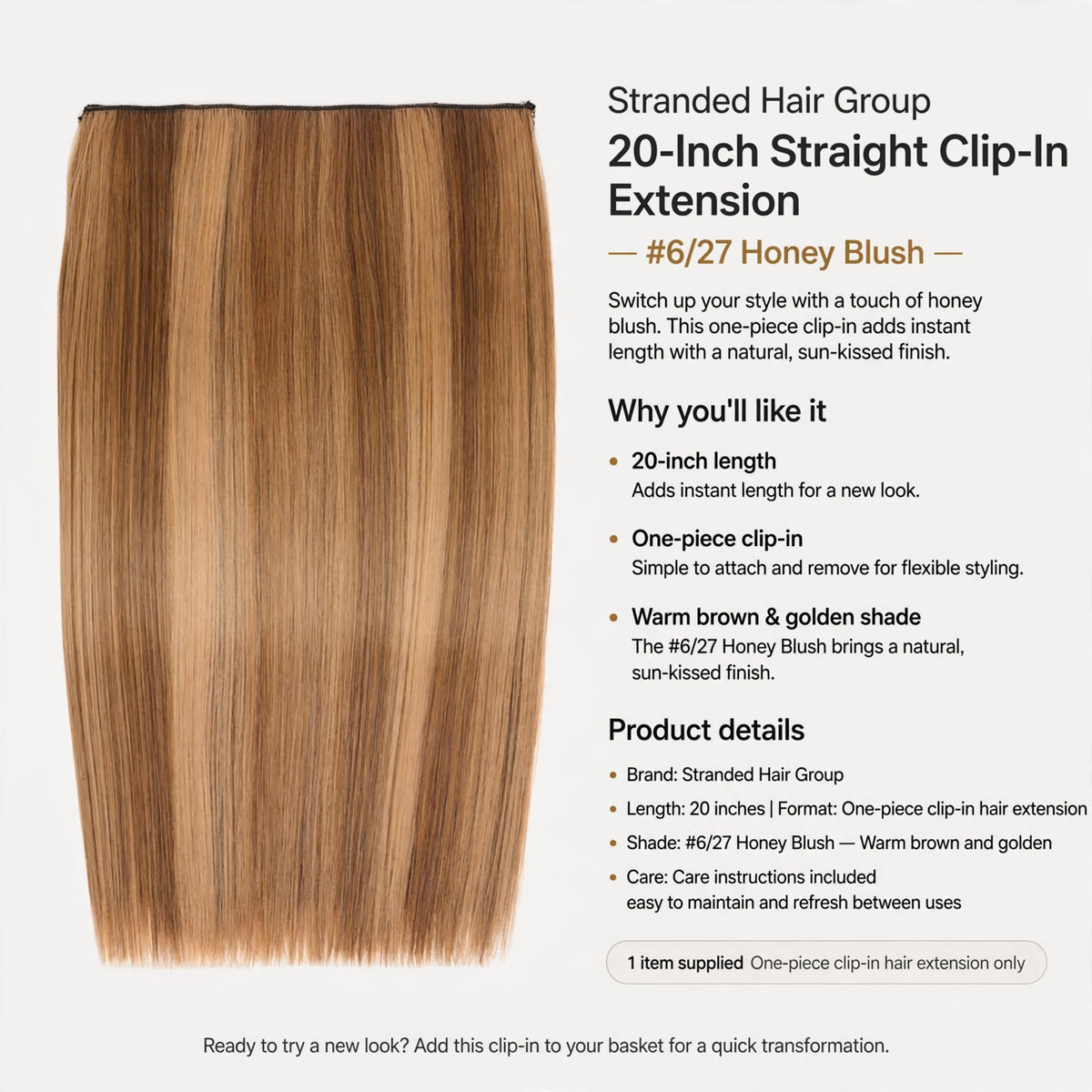 Care instructions included for maintaining the 20-inch clip-in hair extension