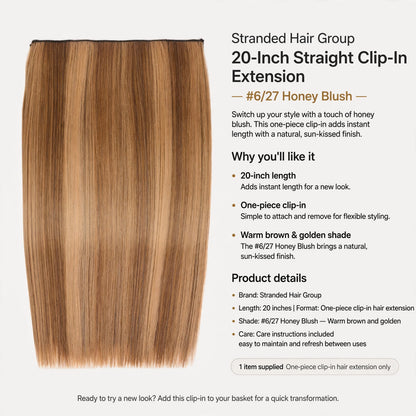 Care instructions included for maintaining the 20-inch clip-in hair extension