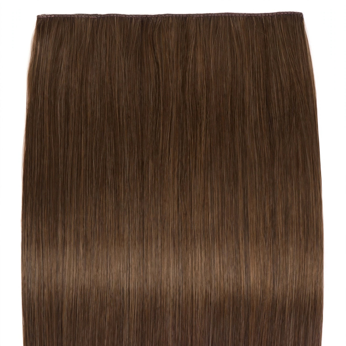 Close-up view of the Stranded Hair Group 20-inch straight clip-in hair extension in brown shade #8 Hazel Princess