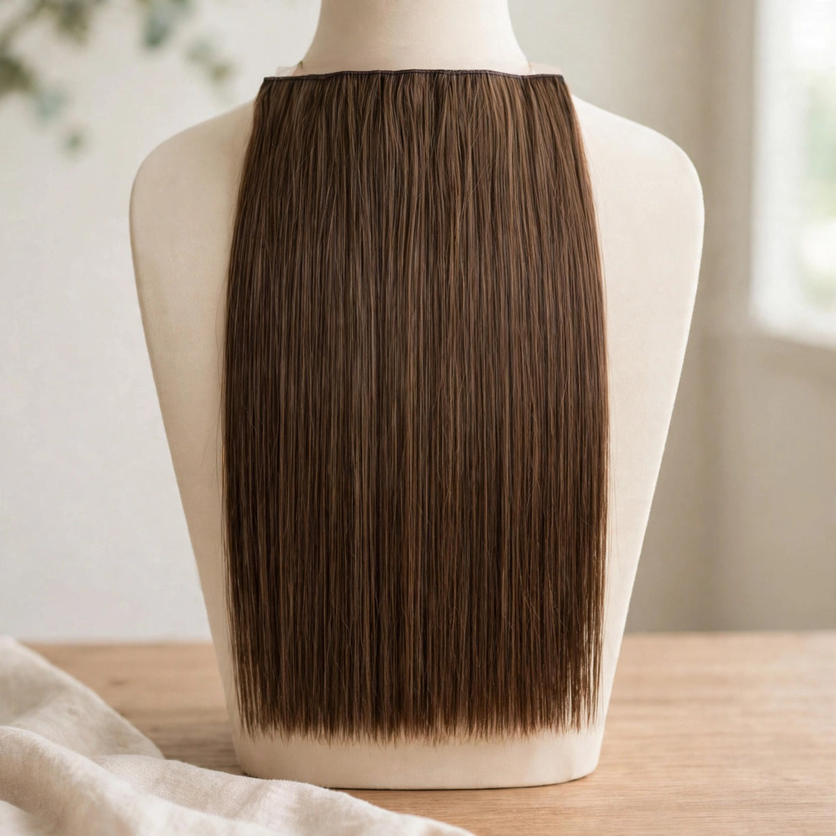 Stranded Hair Group 20-inch straight clip-in hair extension displayed for style change