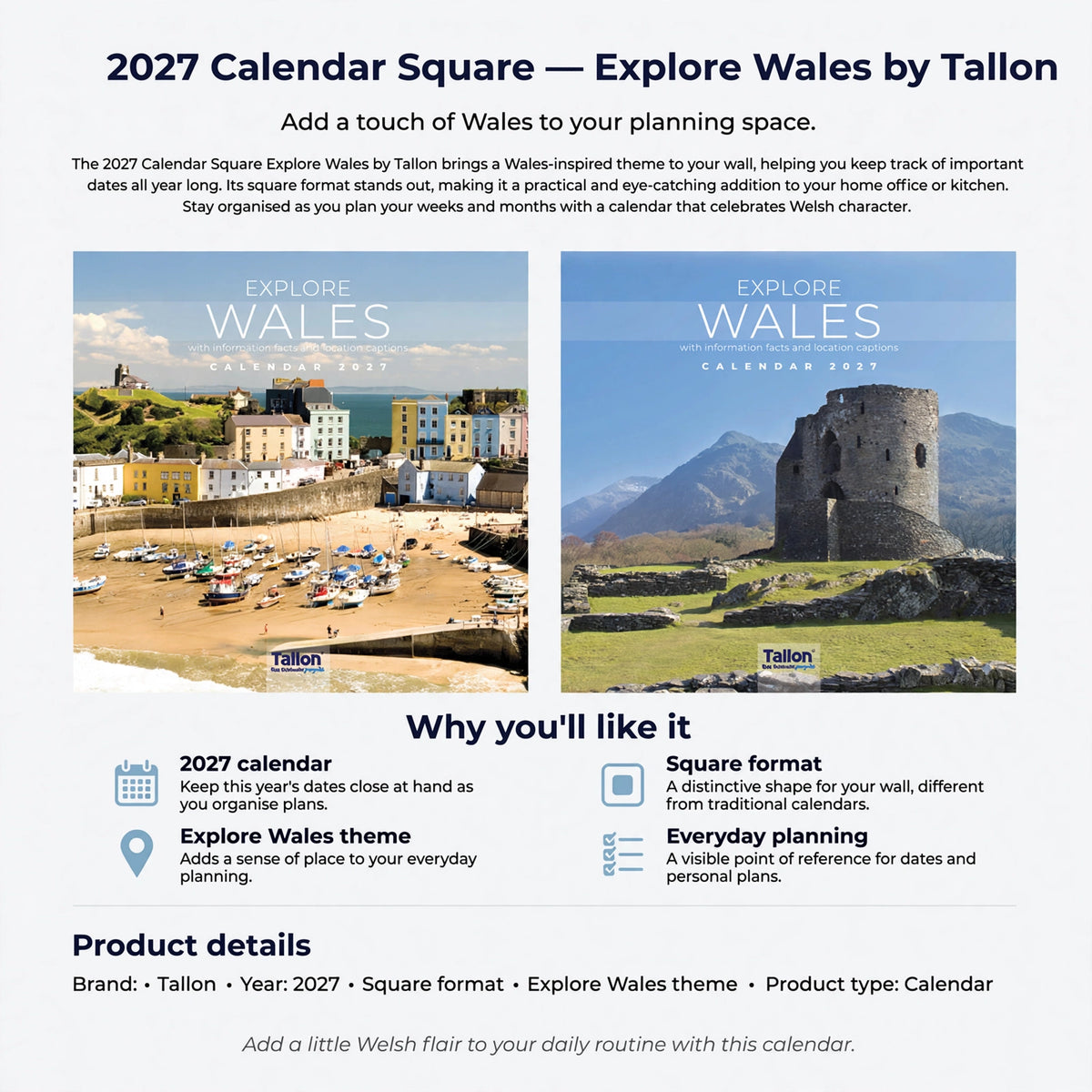 Calendar features including 2027 year, square format, and Explore Wales theme