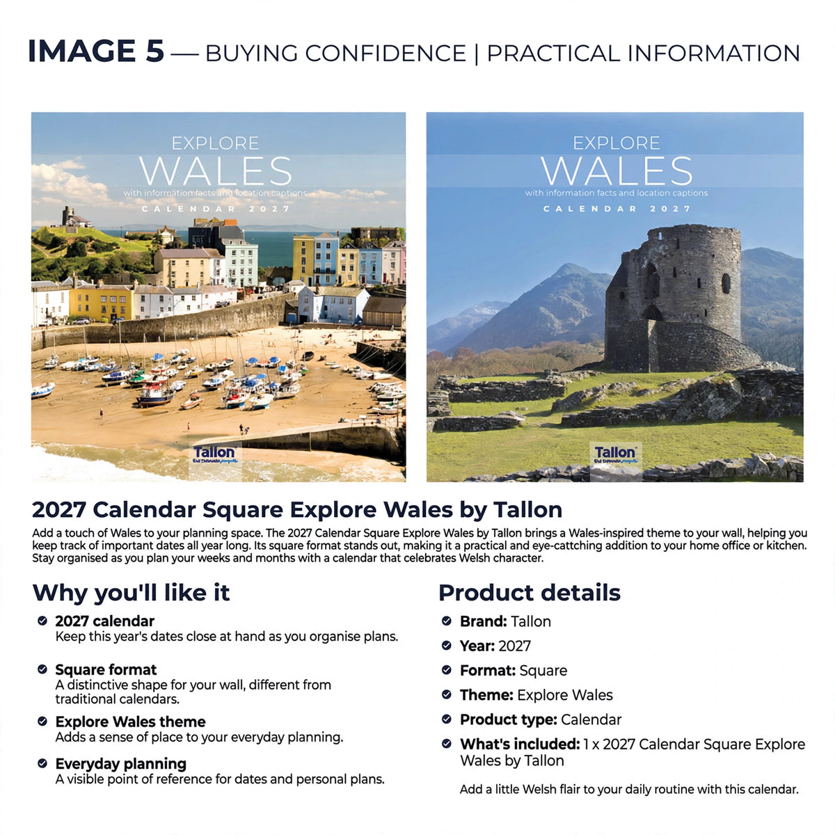 Calendar designed for everyday planning with dates for 2027 and a Wales theme