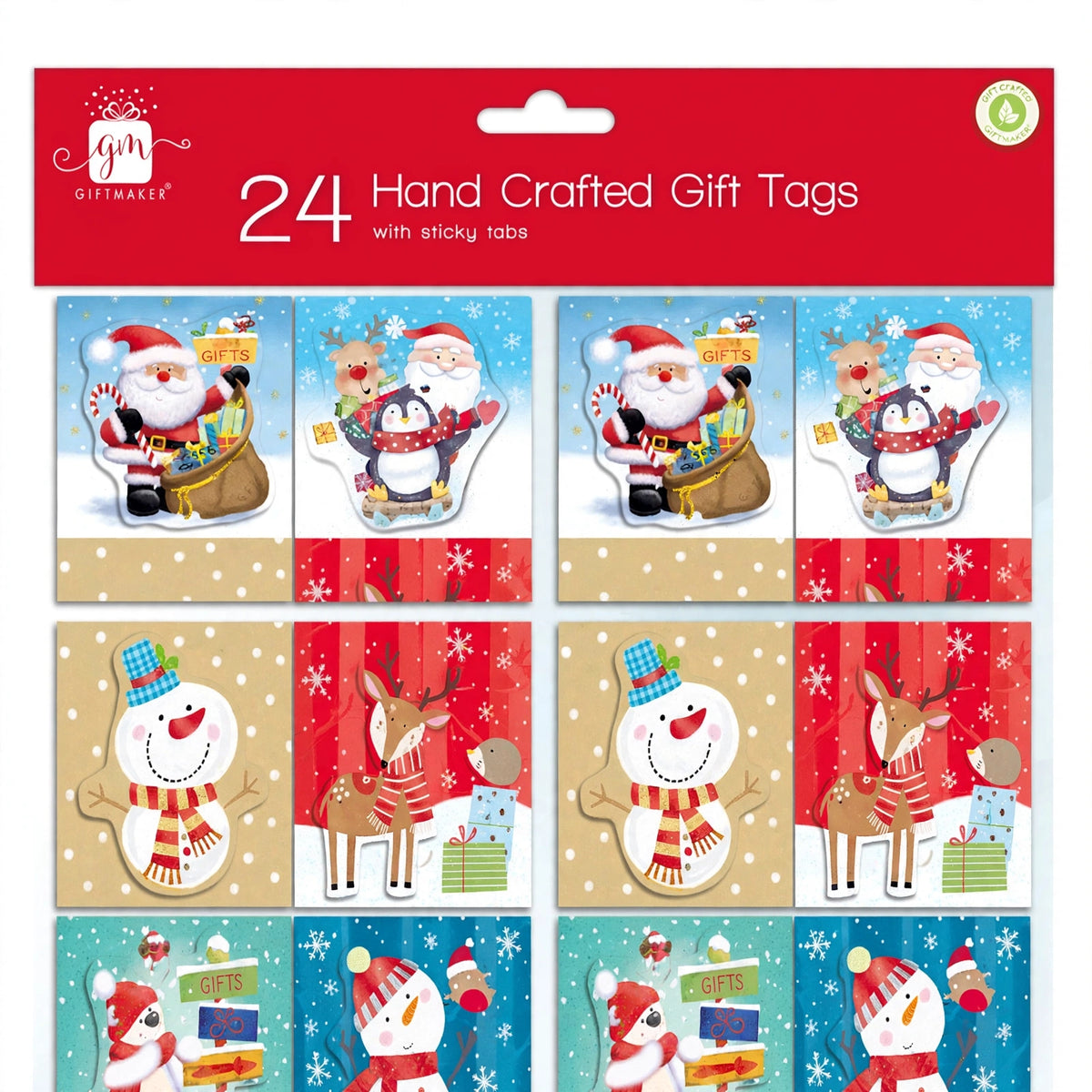 Close-up view of a handcrafted Christmas gift tag with metallic accents and self-adhesive backing