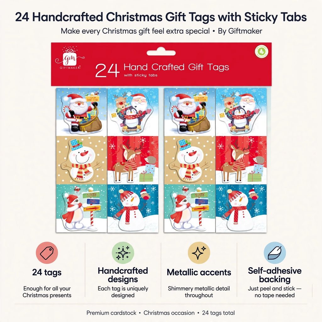 Infographic showing handcrafted designs, metallic accents, premium cardstock, and self-adhesive backing features