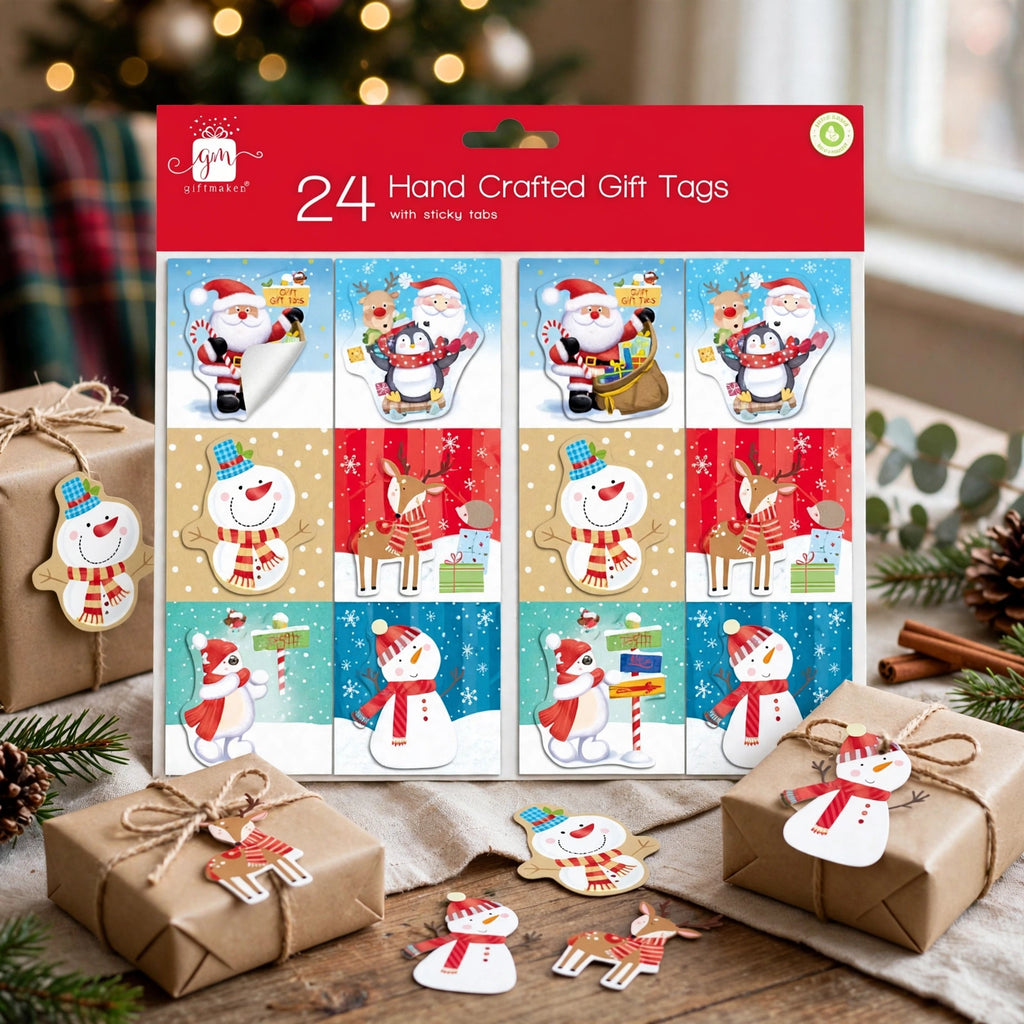 Christmas gift wrapped with a handcrafted metallic accent gift tag from the 24-piece set