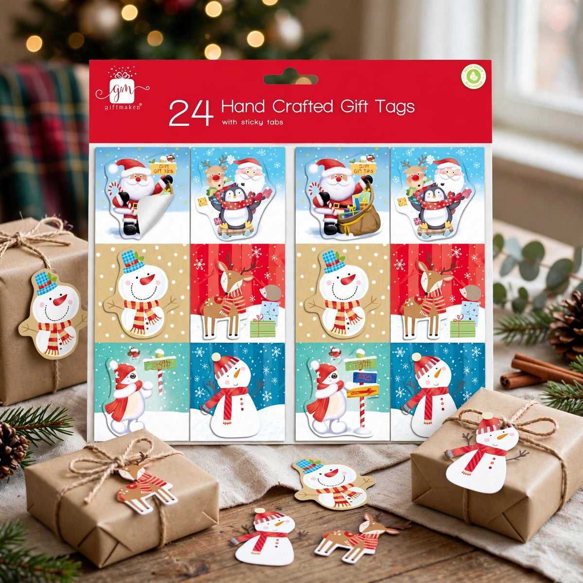 Christmas gift wrapped with a handcrafted metallic accent gift tag from the 24-piece set