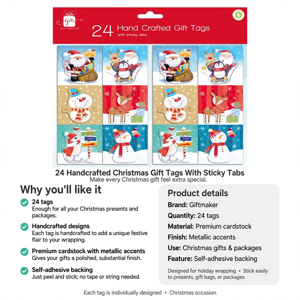 Set includes 24 handcrafted Christmas gift tags made from premium cardstock with self-adhesive backing