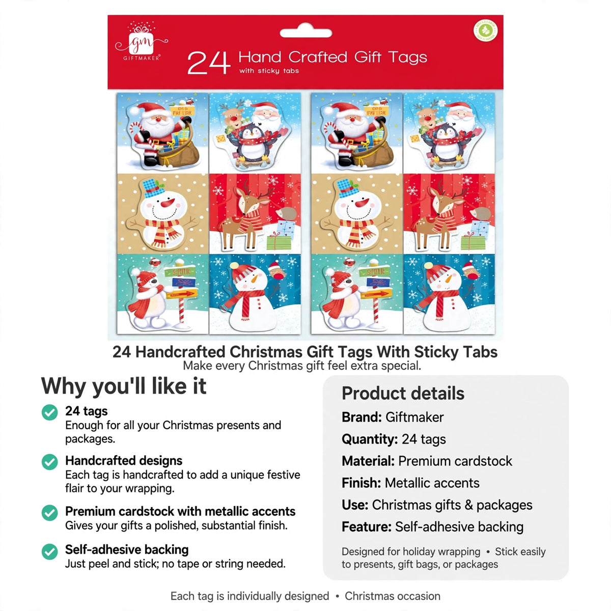 Set includes 24 handcrafted Christmas gift tags made from premium cardstock with self-adhesive backing