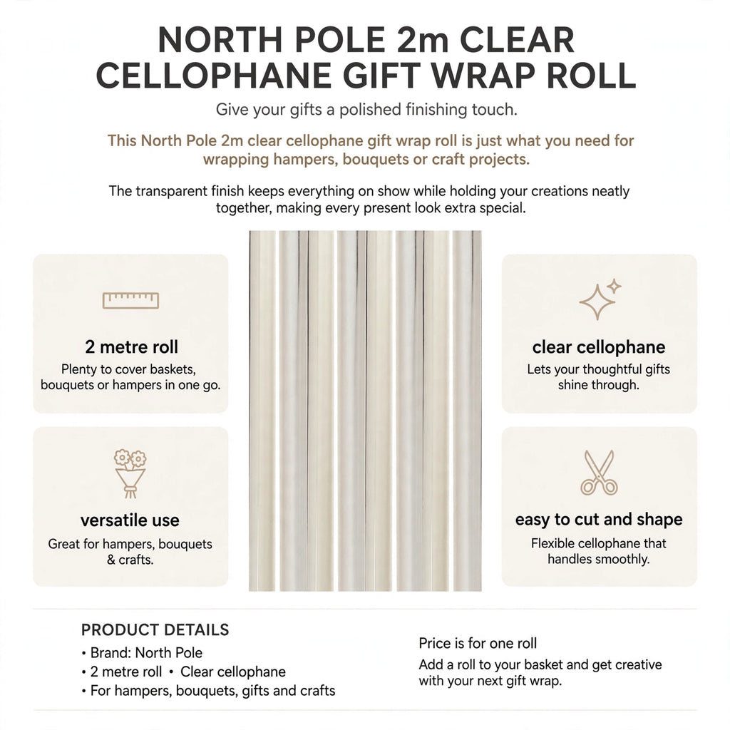 Features of North Pole clear cellophane roll including 2 metre length, clear finish, versatile use, and easy cutting