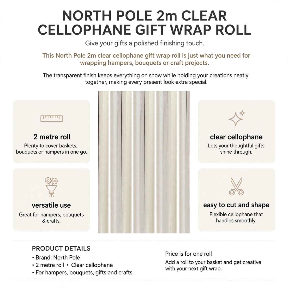 Features of North Pole clear cellophane roll including 2 metre length, clear finish, versatile use, and easy cutting
