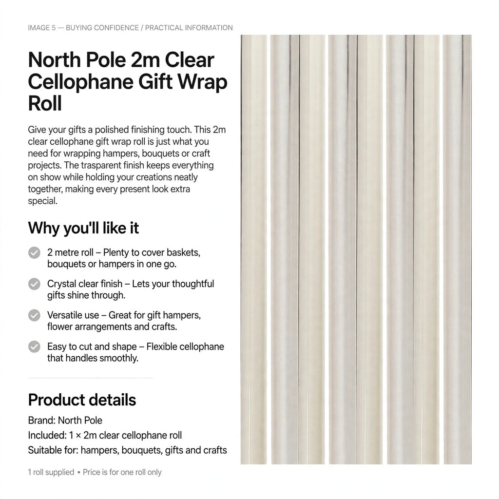 North Pole clear cellophane roll suitable for wrapping hampers, bouquets, gifts, and crafts
