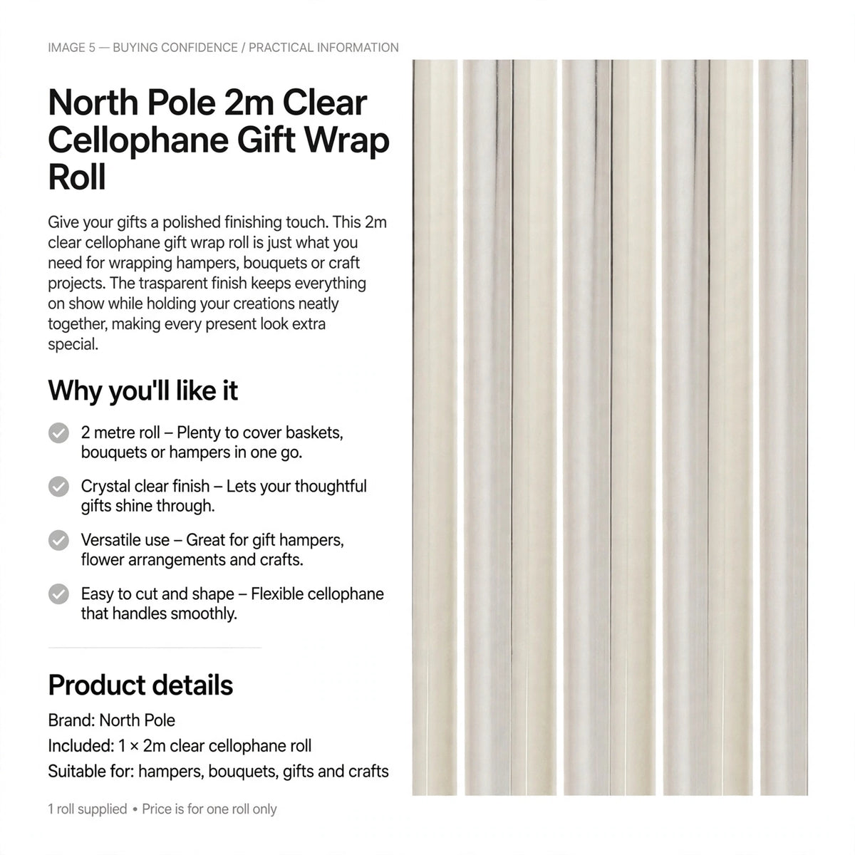 North Pole clear cellophane roll suitable for wrapping hampers, bouquets, gifts, and crafts