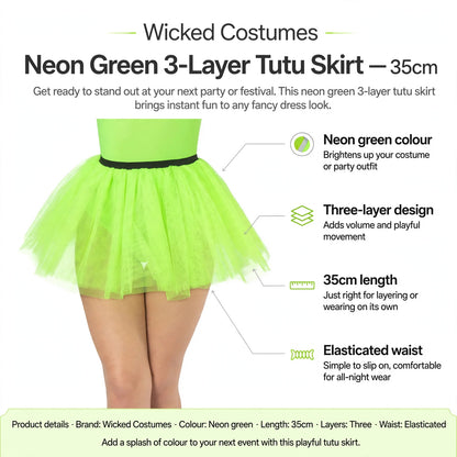 Infographic showing neon green colour, three-layer design, 35cm length, and elasticated waist of tutu skirt