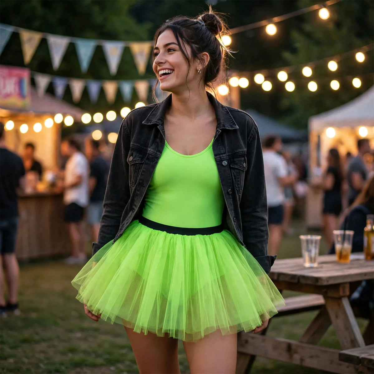 Wicked Costumes neon green tutu skirt worn as part of a party or festival outfit
