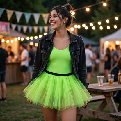 Wicked Costumes neon green tutu skirt worn as part of a party or festival outfit