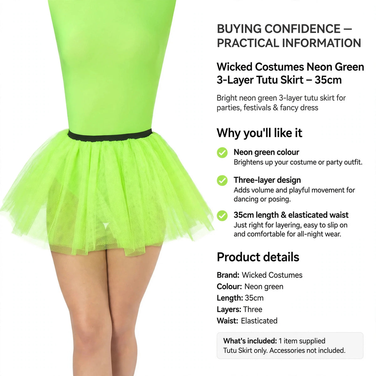 Details of Wicked Costumes tutu skirt features including elasticated waist and 35cm length