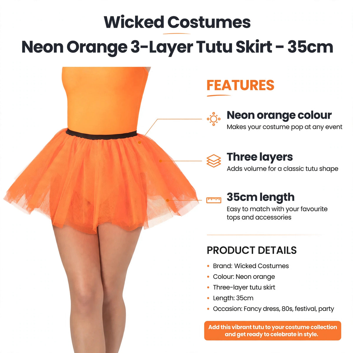 Infographic showing neon orange colour, three layers, and 35cm length of tutu skirt