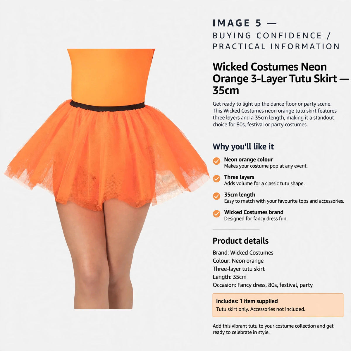 Details of Wicked Costumes neon orange tutu skirt designed for fancy dress and party occasions